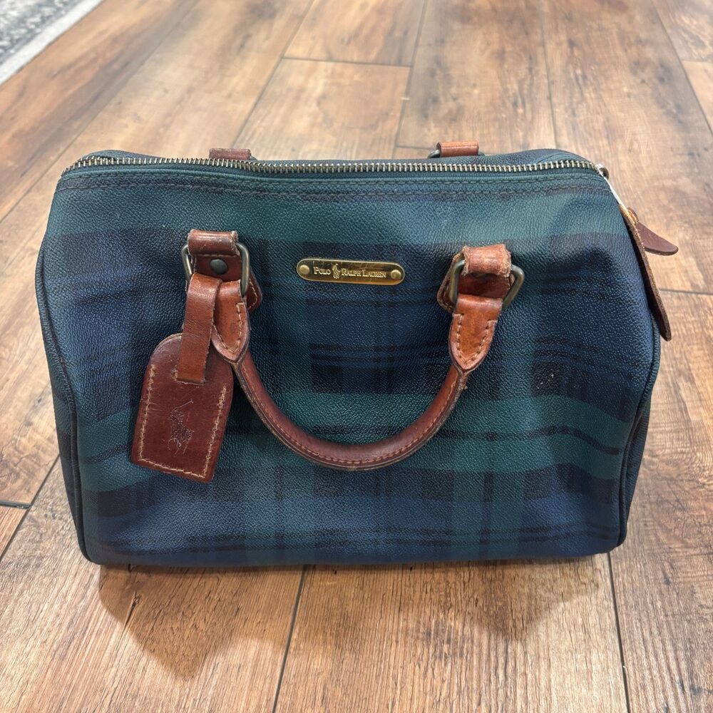 Vintage Polo Ralph Lauren Mini Boston Bag Blackwatch Green PVC Leather Handbag